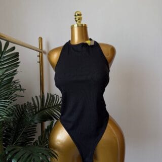 Black Ribbed High Neck Bodysuit (Size 12)
