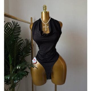 Black Sleeveless Cowl Neck Bodysuit (Size 14)