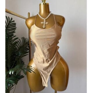 Champagne Satin Halter Bodysuit (Size 8)
