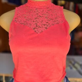 Neon Coral High Neck Lace Crop Top