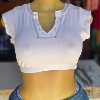 White Ribbed V-Neck Crop Top