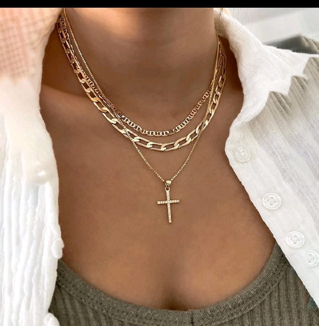 Mixed Link Chain with Crystal Cross Necklace