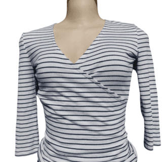 Blue and White Striped Faux-Wrap Top (Size XS)