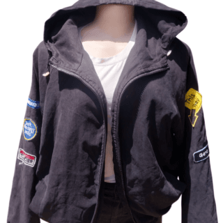 Black Bomber Jacket with Graphic Patches (Size M)