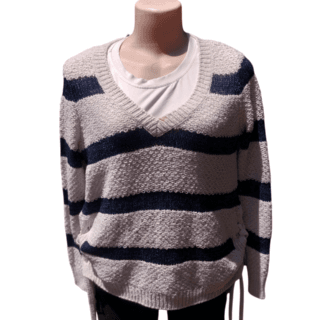 White & Navy Striped V-Neck Knit Sweater (Size M)