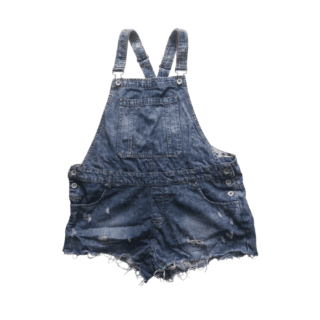 Distressed Denim Dungaree Shorts (Size 12/L)