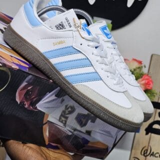 White & Sky Blue Adidas Sambas
