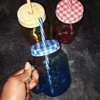 Gingham Lid Mason Jars with Straws