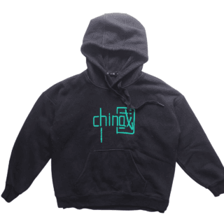 Black hoodie with a teal graphic