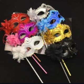 Floral Feather Venetian Masquerade Mask on Stick